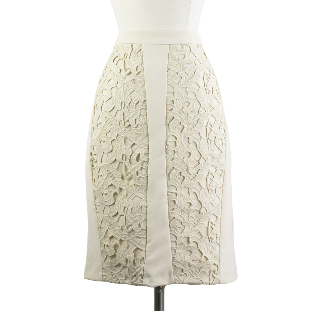 DARLING LONDON | Cream Appliqué Lace Panel Fitted Pencil Skirt, Medium NWT